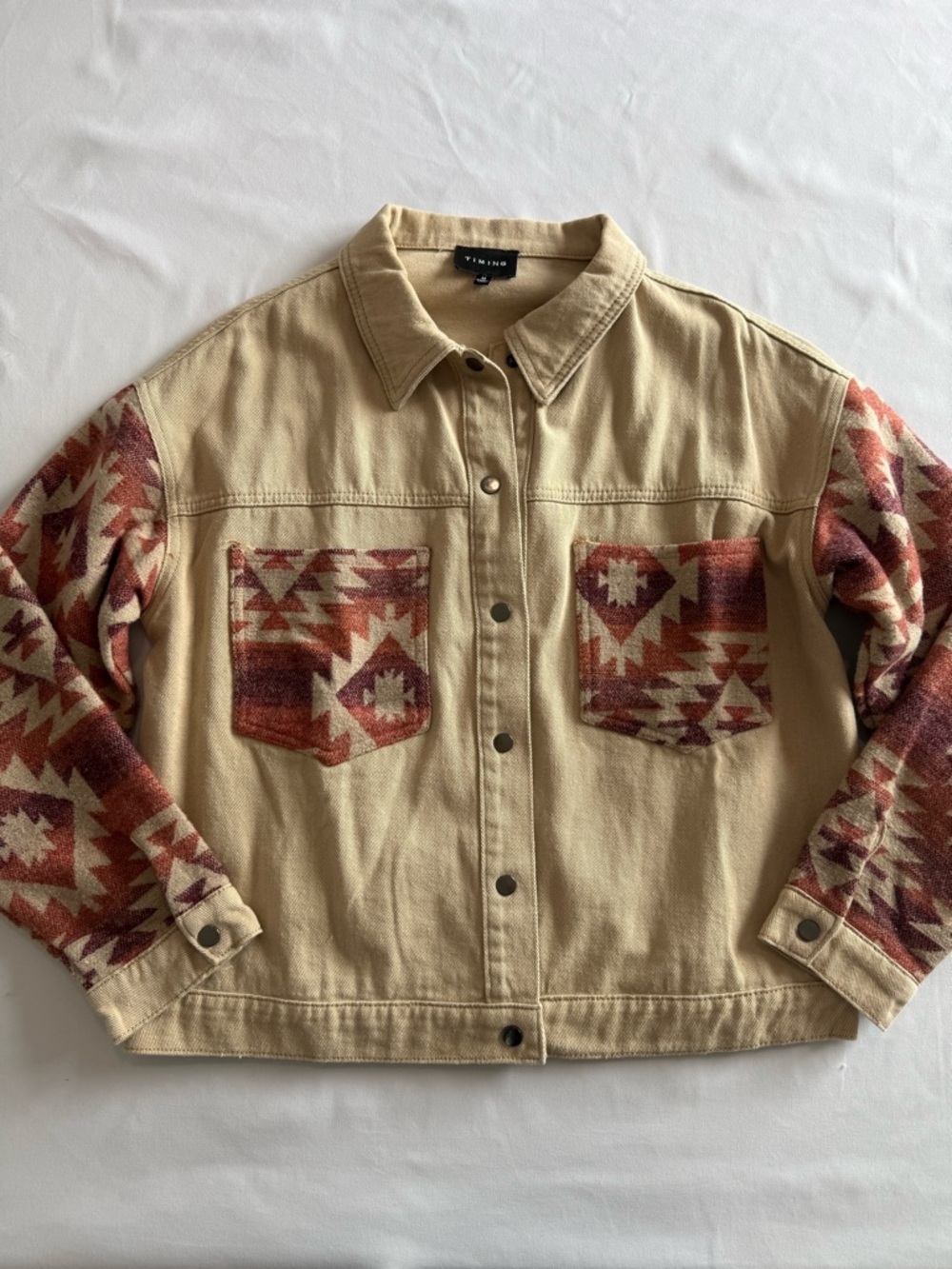 TIMING Tan Jacket with Rust Aztec Patterned Sleeves - Picture 4 of 10